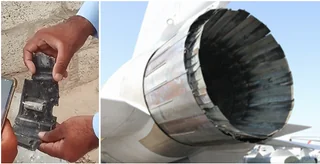 Recovered JF-17 debris: a blackened avionics box and the RD-93 engine nozzle