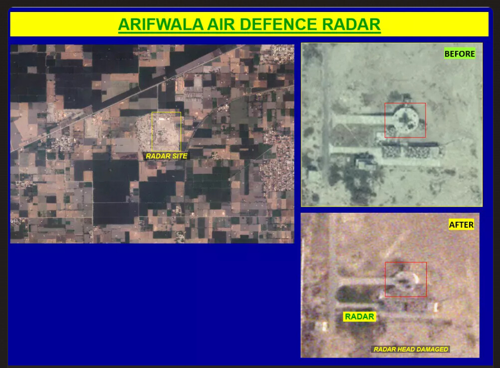 Arifwala air defence radar, before and after satellite imagery, radar head damaged