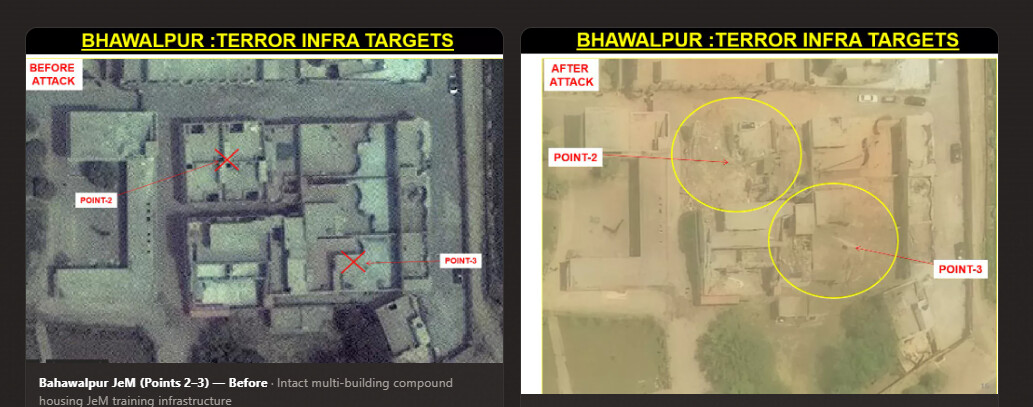 Bahawalpur terror infrastructure targets, points 2 and 3, before and after satellite imagery, intact JeM training compound before, damaged after