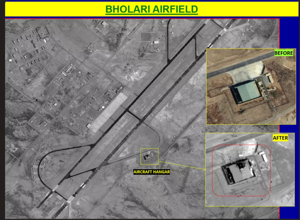Bholari Airfield briefing slide showing the aircraft hangar before and after, roof scorched and collapsed