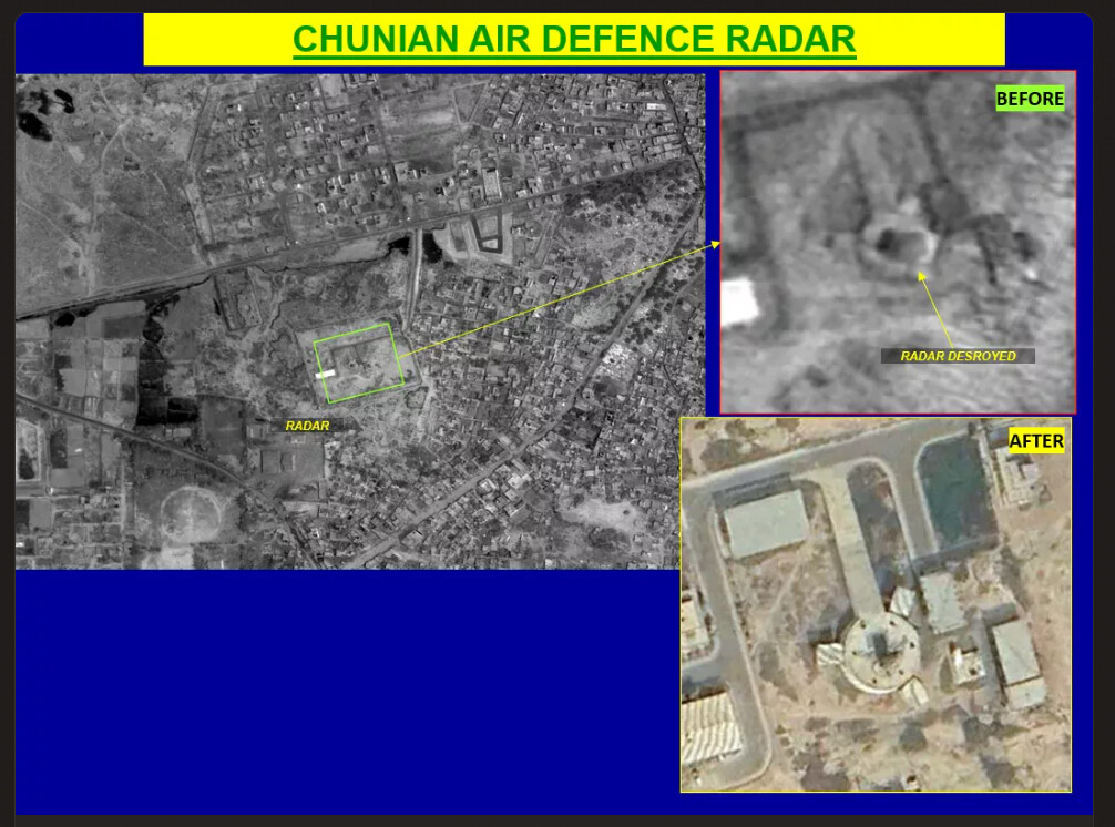 Chunian air defence radar, before and after satellite imagery, radar destroyed