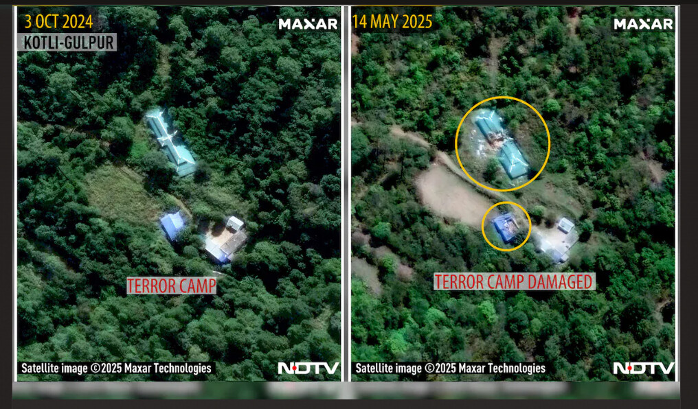 Maxar satellite imagery of Kotli-Gulpur terror camp, dated 3 October 2024 and 14 May 2025, showing terror camp damaged