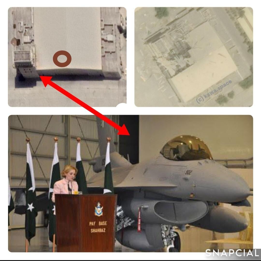 Reference photo of the same Jacobabad hangar showing an F-16 inside, alongside the KawaSpace satellite damage image, matched to a PAF Base Shahbaz ceremony photo