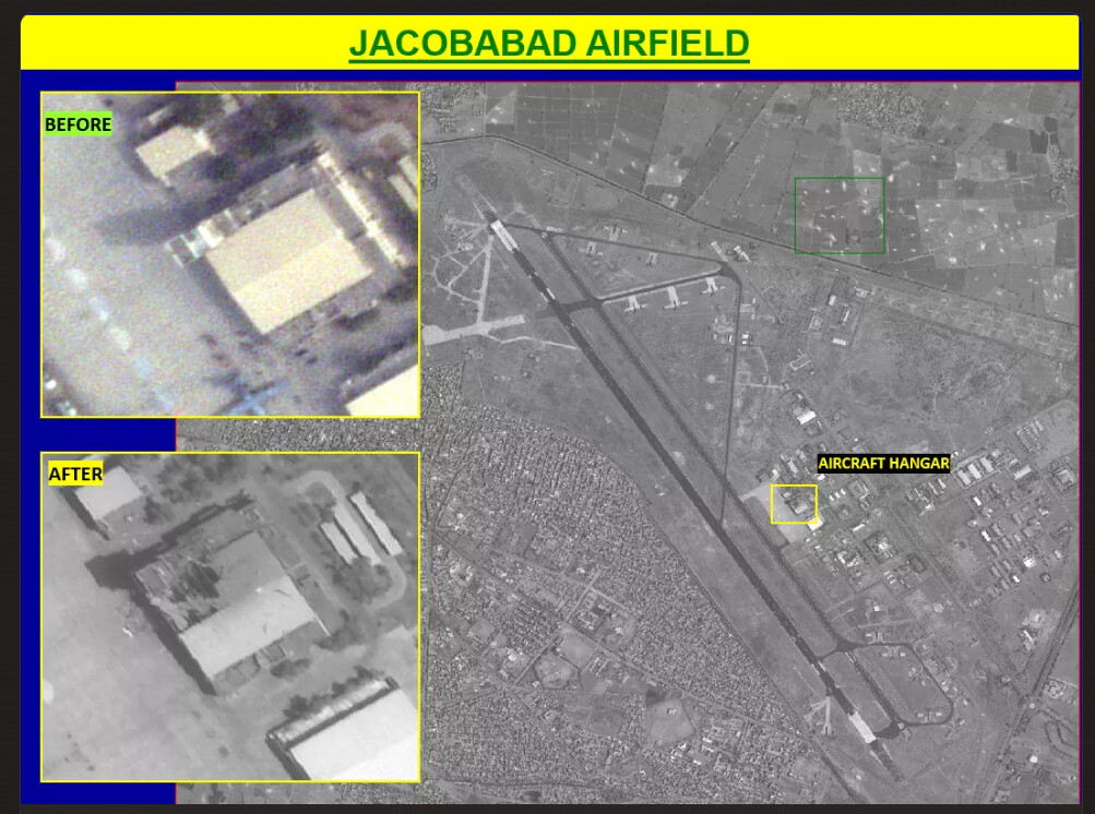 Jacobabad Airfield official briefing slide showing the aircraft hangar before and after the strike