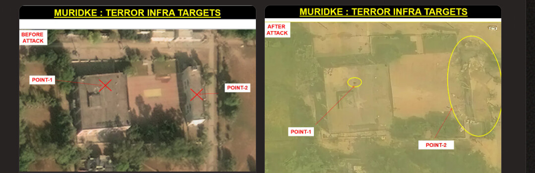 Muridke terror infrastructure targets, points 1 and 2, before and after satellite imagery