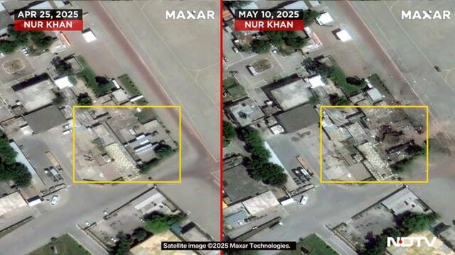 Maxar satellite images of Nur Khan dated April 25 2025 and May 10 2025, the struck building boxed