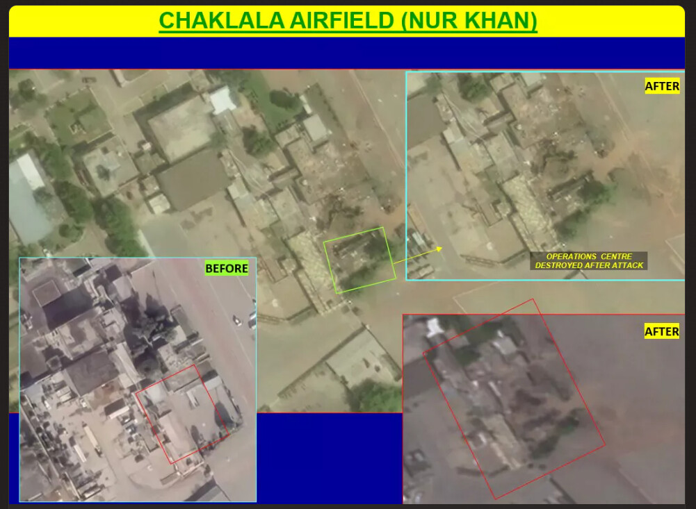 Chaklala Airfield Nur Khan official briefing slide showing operations centre destroyed after attack, before and after satellite imagery