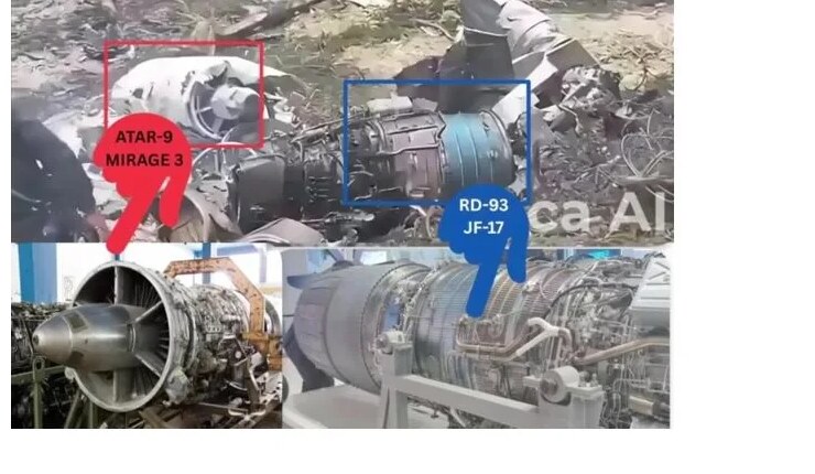 Wreckage engine compared to reference photos: an Atar-9 engine (Mirage III/V) and an RD-93 engine (JF-17), neither of which is an Indian jet engine