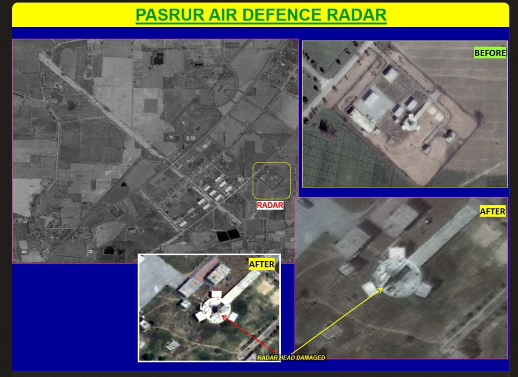 Pasrur air defence radar, before and after satellite imagery, radar head damaged