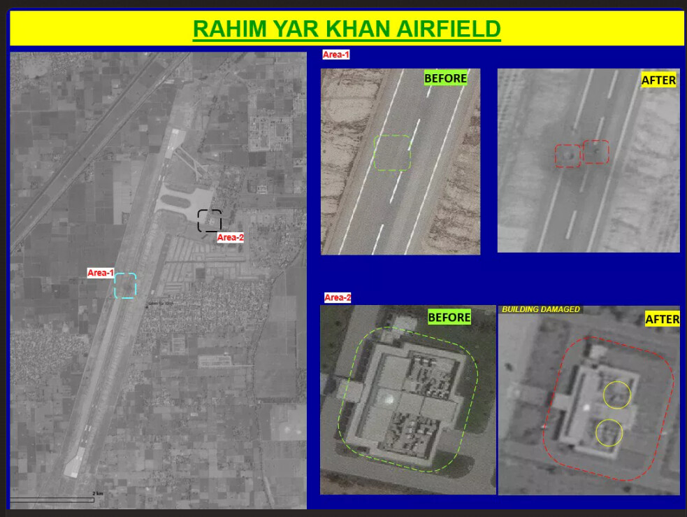 Rahim Yar Khan Airfield briefing slide, Area 1 runway craters and Area 2 damaged building, before and after