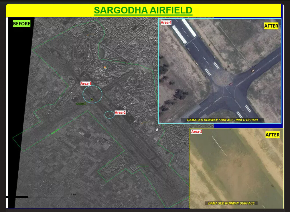 Sargodha Airfield briefing slide showing two damaged runway areas, before and after, surface under repair