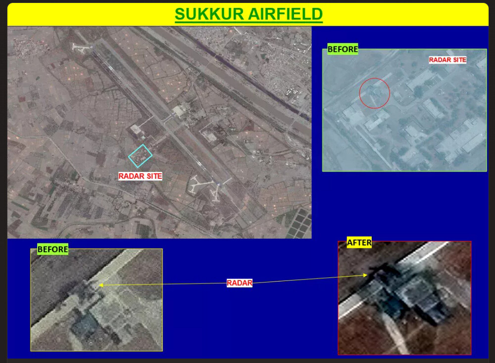 Sukkur airfield radar site, before and after satellite imagery showing radar destroyed