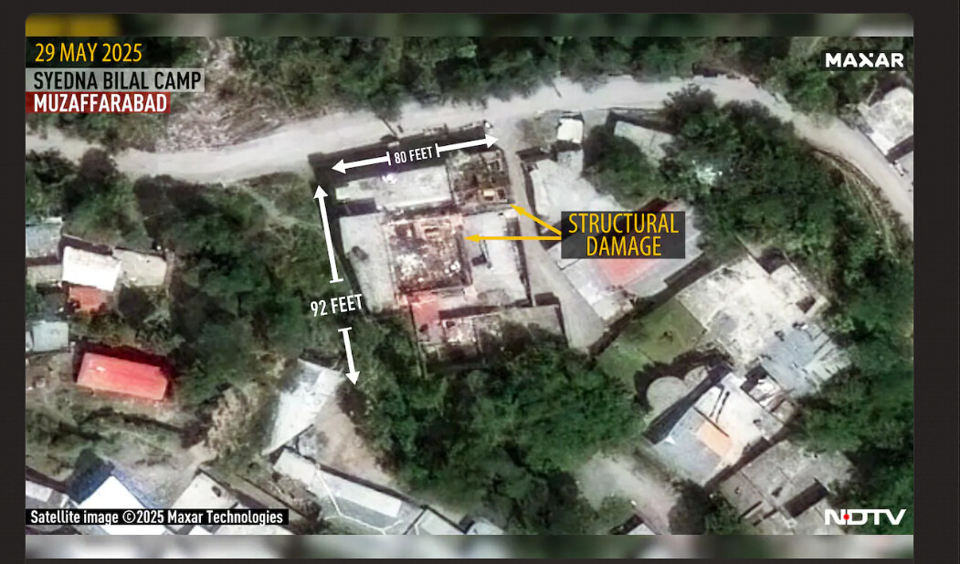 Maxar satellite imagery of Syedna Bilal Camp, Muzaffarabad, dated 29 May 2025, showing structural damage with measurements