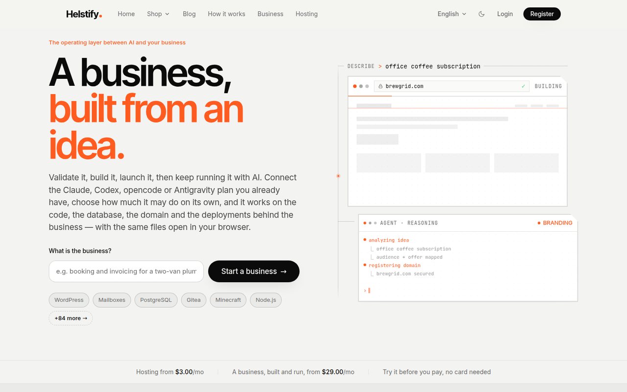 The Helstify homepage: a business, built from an idea